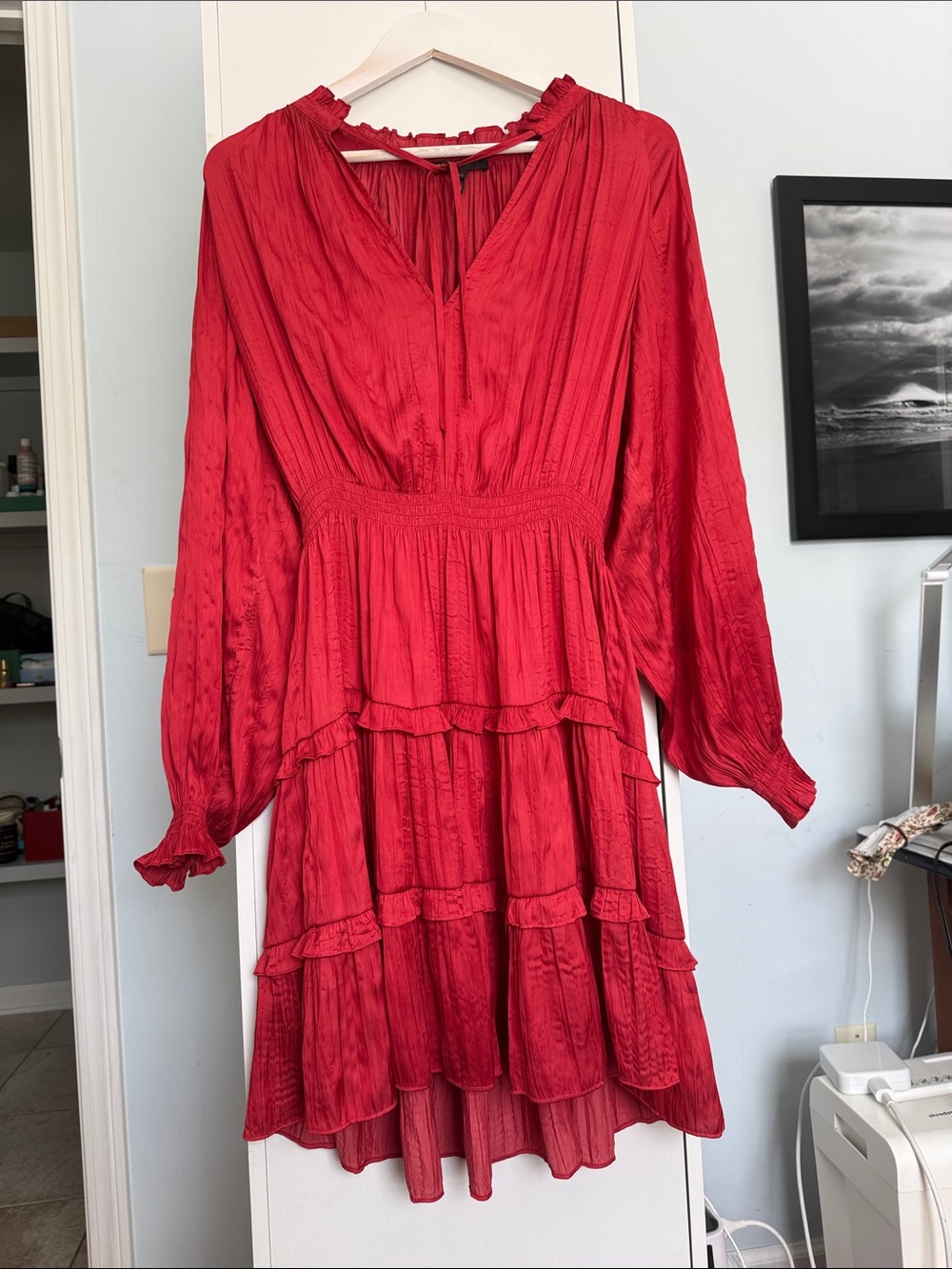 Maje Red Long-Sleeve Tiered V-Neck Dress